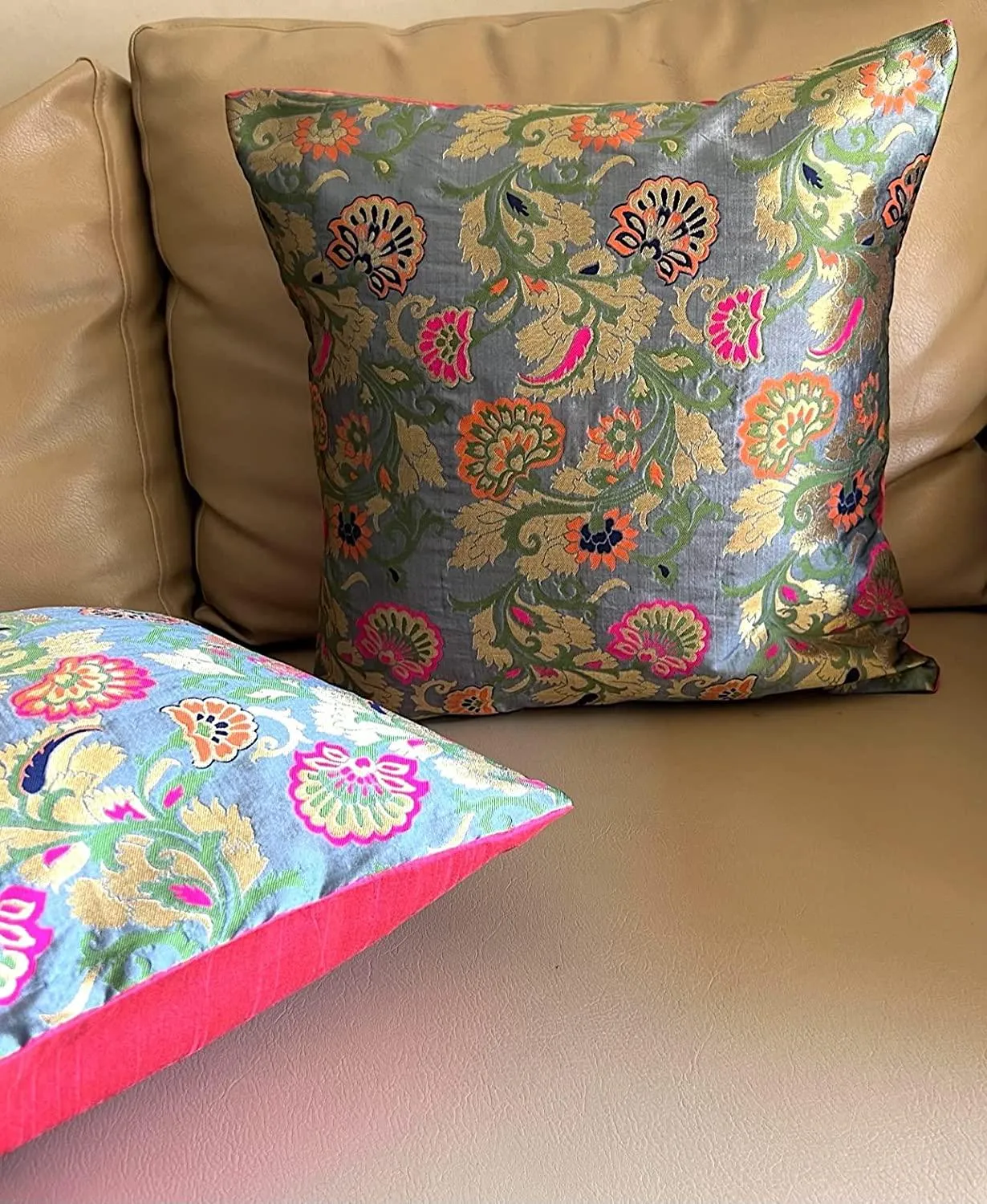 Brocade Silk Cushion Covers Set of 5 Grey with Multicolored Floral Design