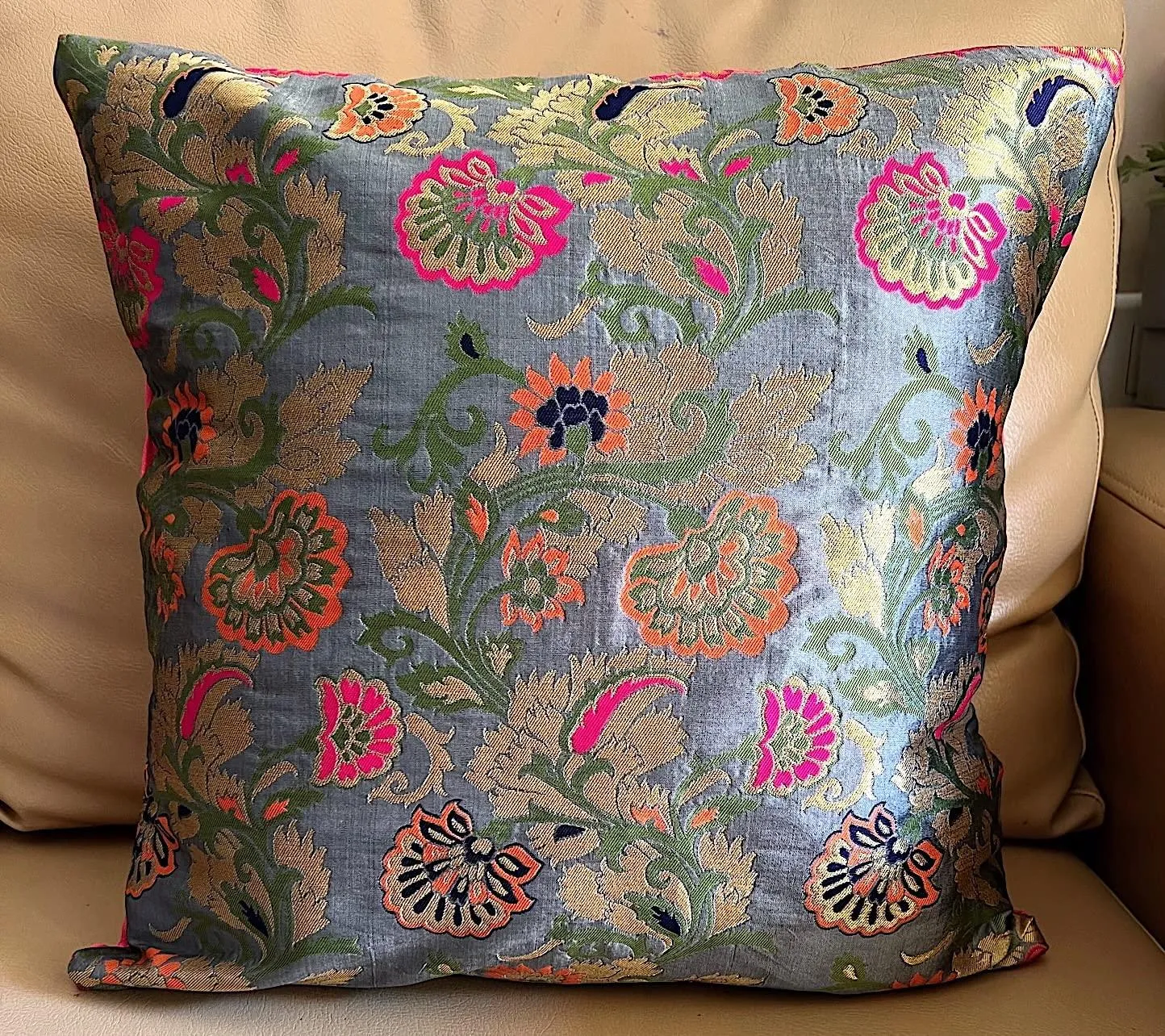 Brocade Silk Cushion Covers Set of 5 Grey with Multicolored Floral Design