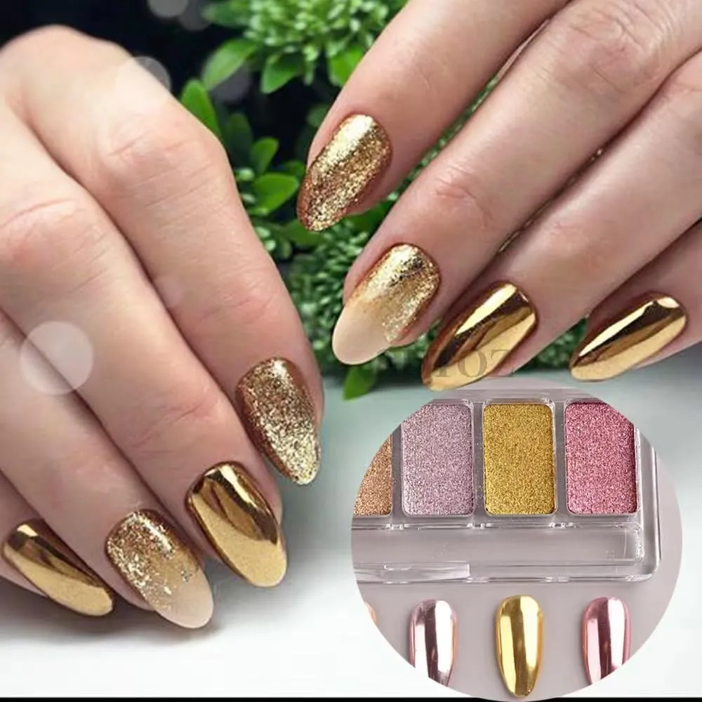 Chrome Nail Powder,Holographic Metallic Mirror Effect Chrome Powder For Nails Pink Gold Silver Metallic Mirror Nail Chrome Powder with 2Pcs Eyeshadow Sticks DIY Nail Art Supplies 6 Colors