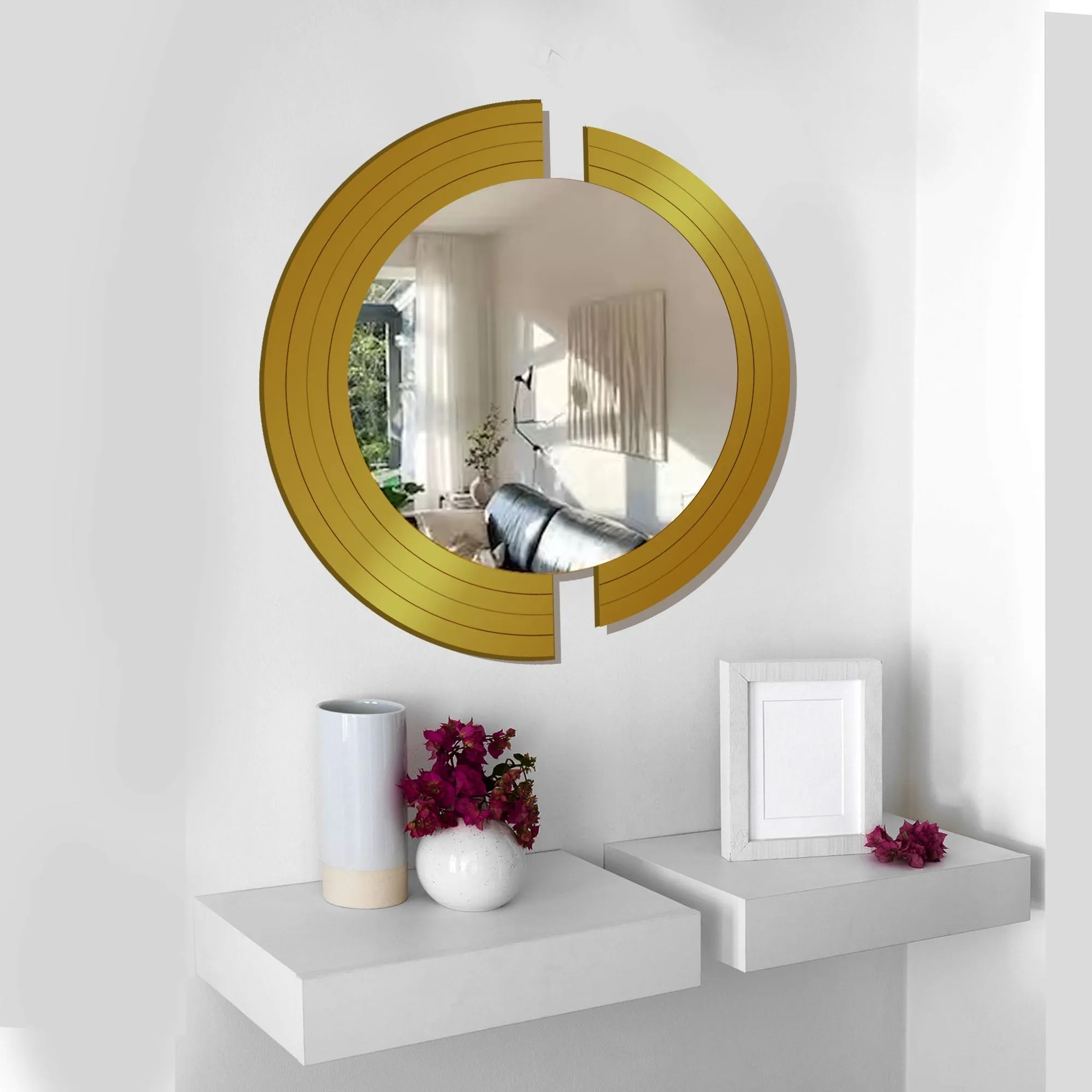 Circle In 2 Pieces Design Wood Wall Mirror With Gold Texture