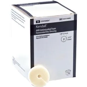 Covidien 55512AMD Kendall AMD Antimicrobial Foam Disc, 1 inch Diameter, 7mm Hole, Box of 10 dressings