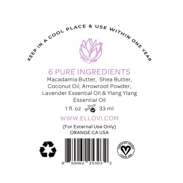 Ellovi All-Natural Body Butter - Lavender - Pure Enough to Eat - Made With Just 6 Vegan Ingredients - Ultra-Rich 100% Plant-Based Hydrating Moisturizer For Naturally Healthy Skin (1 fl. oz/33ml)