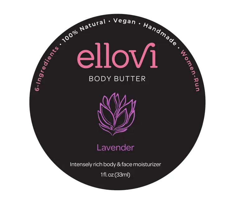 Ellovi All-Natural Body Butter - Lavender - Pure Enough to Eat - Made With Just 6 Vegan Ingredients - Ultra-Rich 100% Plant-Based Hydrating Moisturizer For Naturally Healthy Skin (1 fl. oz/33ml)