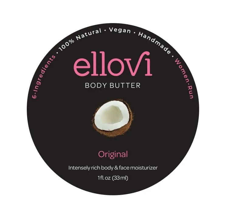 Ellovi All-Natural Body Butter - Original - Pure Enough to Eat - Made With Just 6 Vegan Ingredients - Ultra-Rich 100% Plant-Based Hydrating Moisturizer For Naturally Healthy Skin (1 fl. oz/33ml)