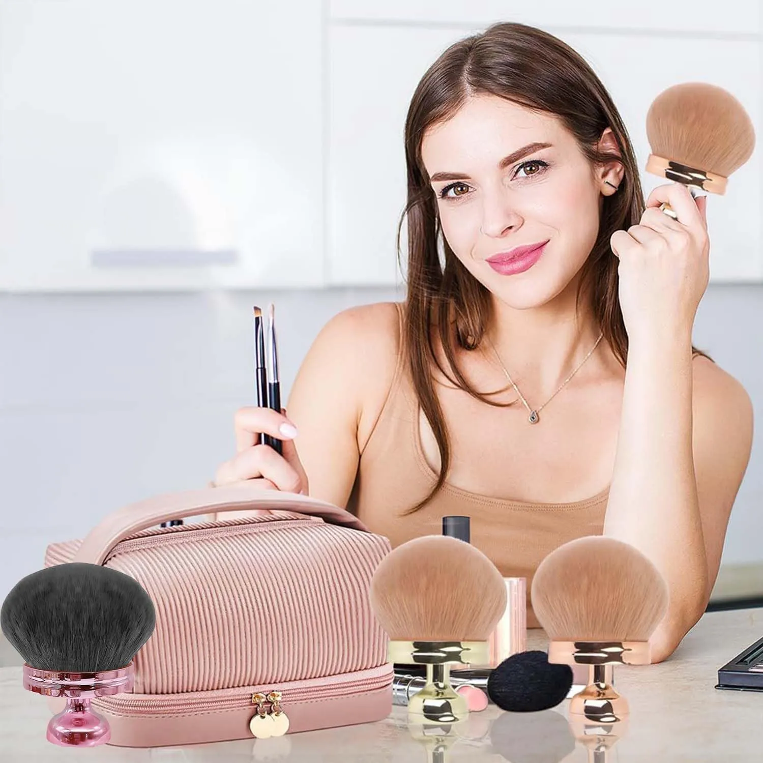 Extra Large Body Makeup Brush for Self Tanner & Bronzer Suncreen Applicator, 3 Inch Wide Kabuki Foundation Brush, Portable Self Tanning Brushs for Woman (2PCS-G)