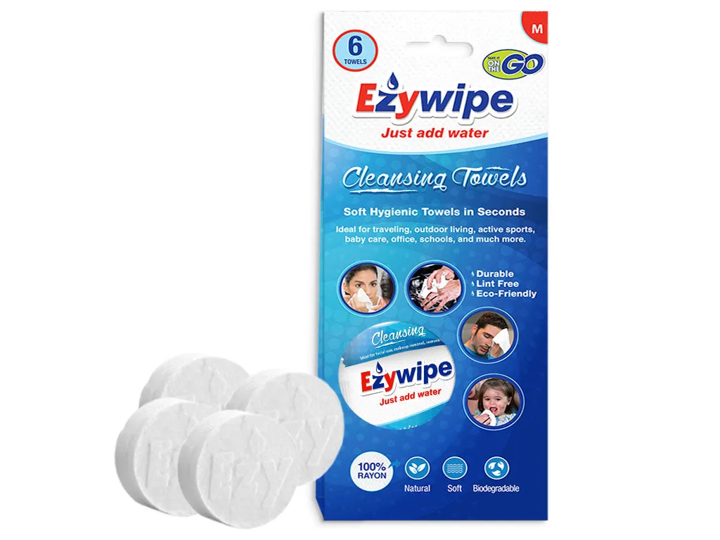 Ezywipe Six Pack Expandable Towels Reusable Coin Towel for Gym, Travel, Camping, Hiking, Makeup Remover, Hand Wipes -Super Absorbent- Hypoallergenic