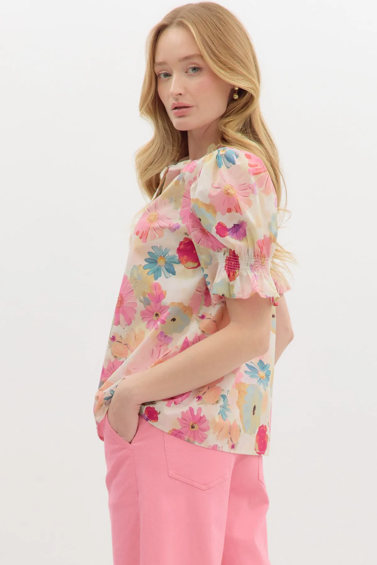 Floral Watercolor Puff Sleeve Blouse