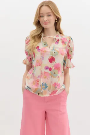 Floral Watercolor Puff Sleeve Blouse