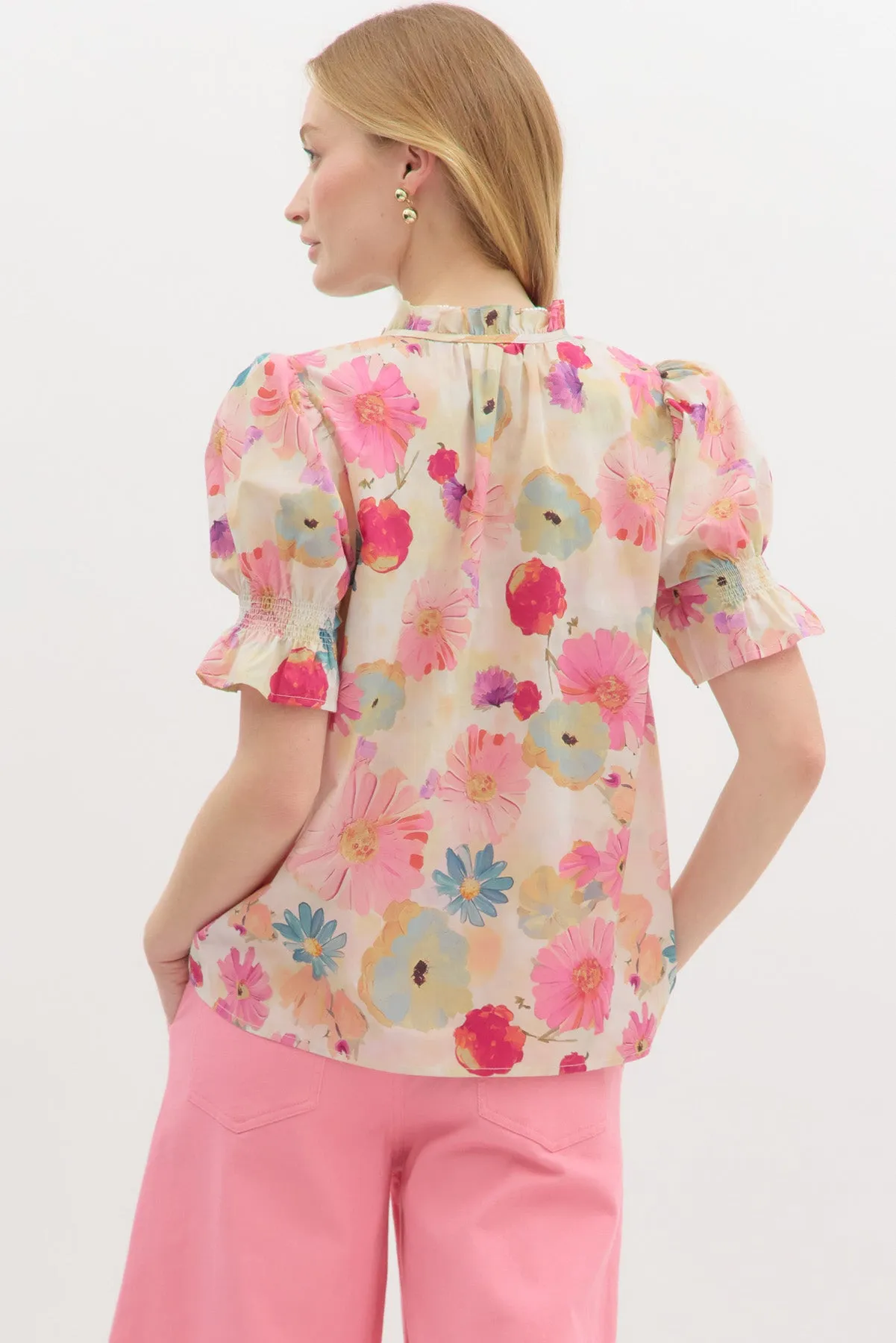 Floral Watercolor Puff Sleeve Blouse