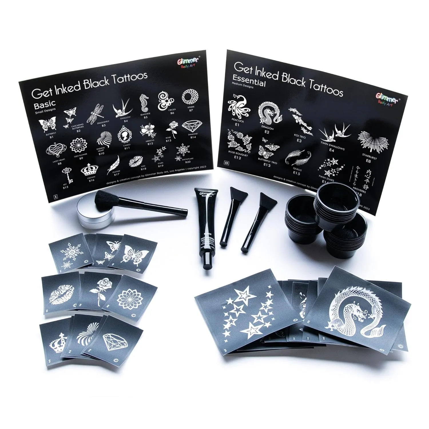 Get Inked Temporary Tattoo Starter Kit, Matte Black, 100 HD Stencils, 2 fl oz Gel, Setting Powder, & More!