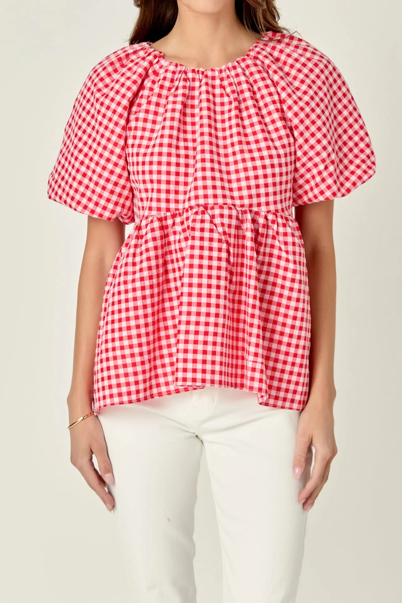 Gingham Neck Shirred Flowy Top