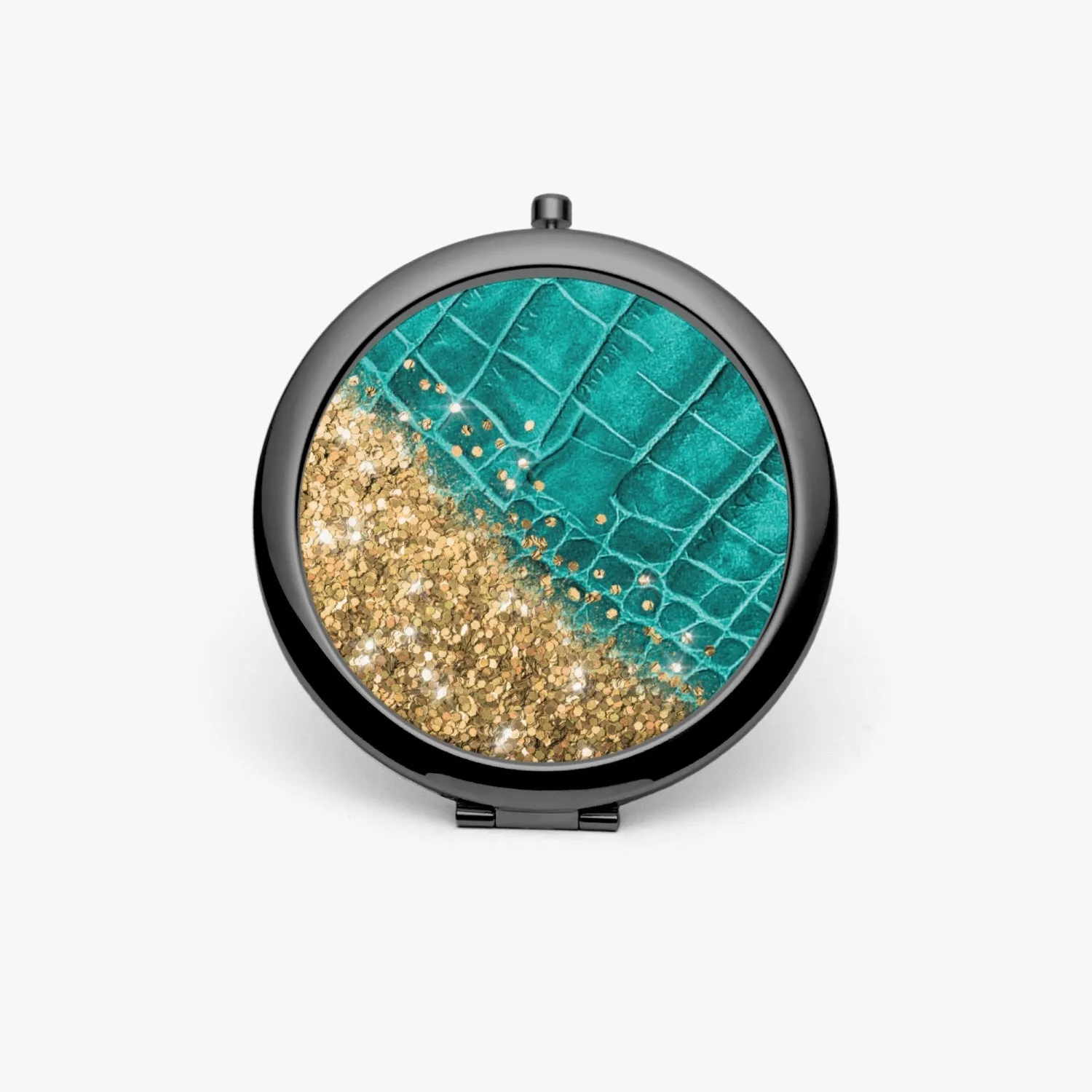 Gold Glitter & Turquoise Leather |  Compact Mirror