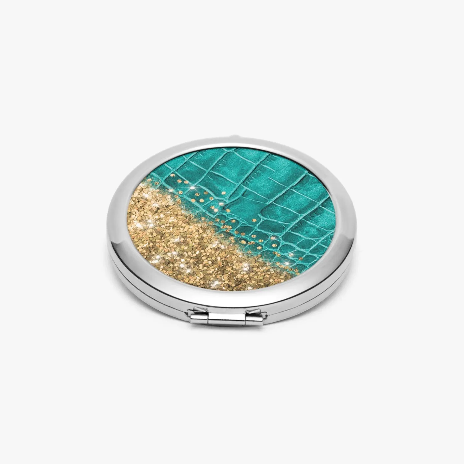 Gold Glitter & Turquoise Leather |  Compact Mirror