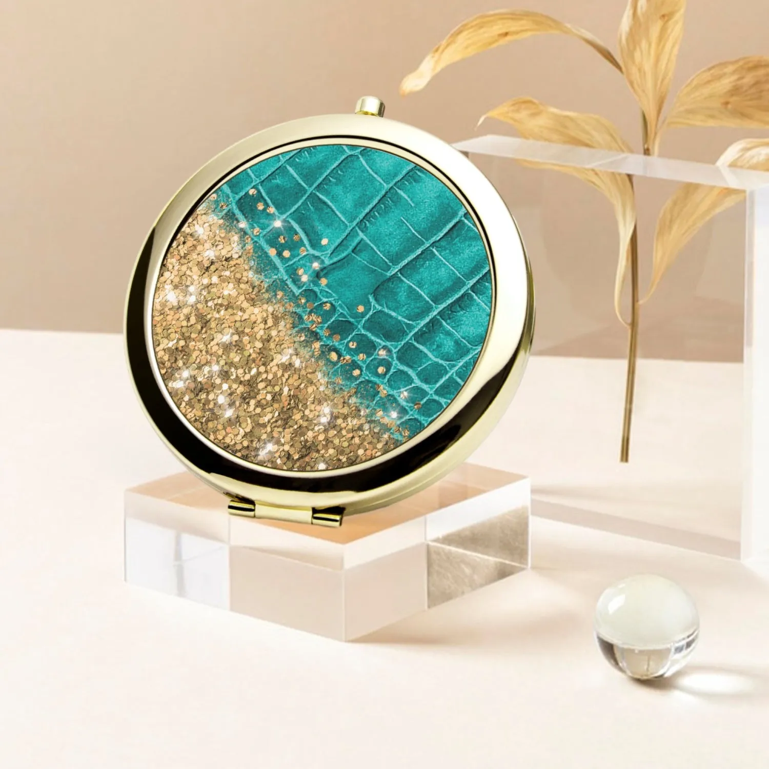 Gold Glitter & Turquoise Leather |  Compact Mirror