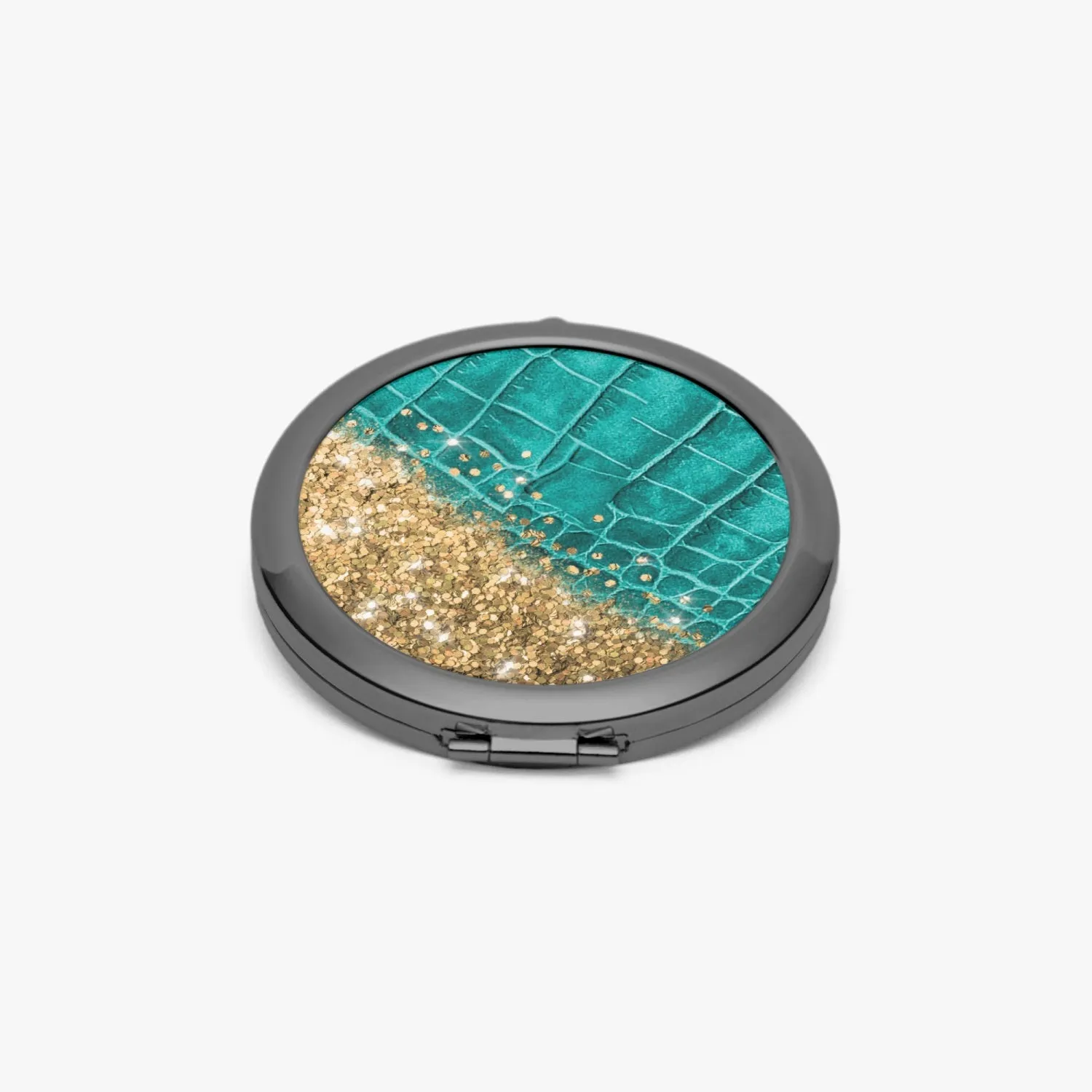 Gold Glitter & Turquoise Leather |  Compact Mirror