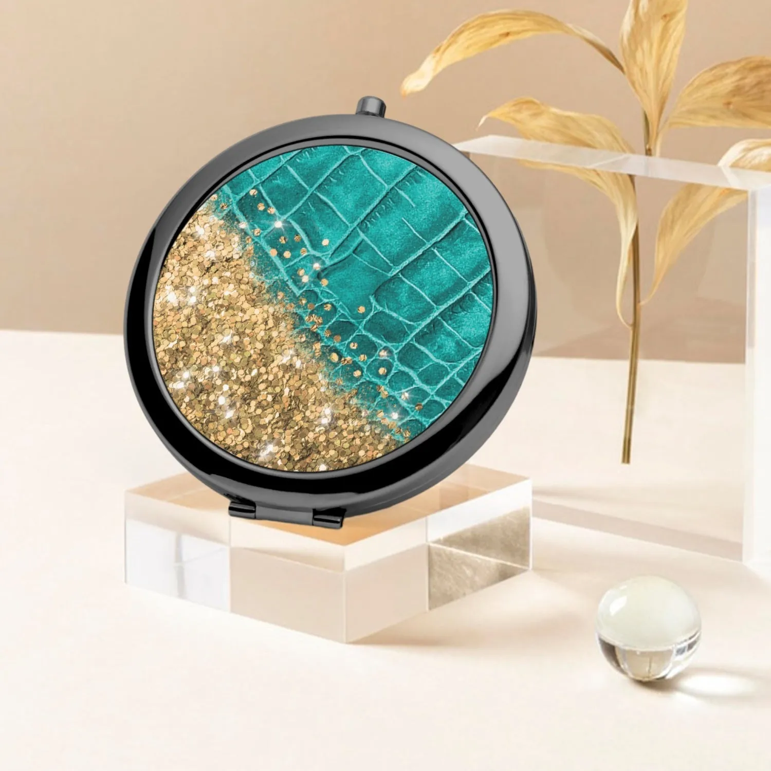 Gold Glitter & Turquoise Leather |  Compact Mirror