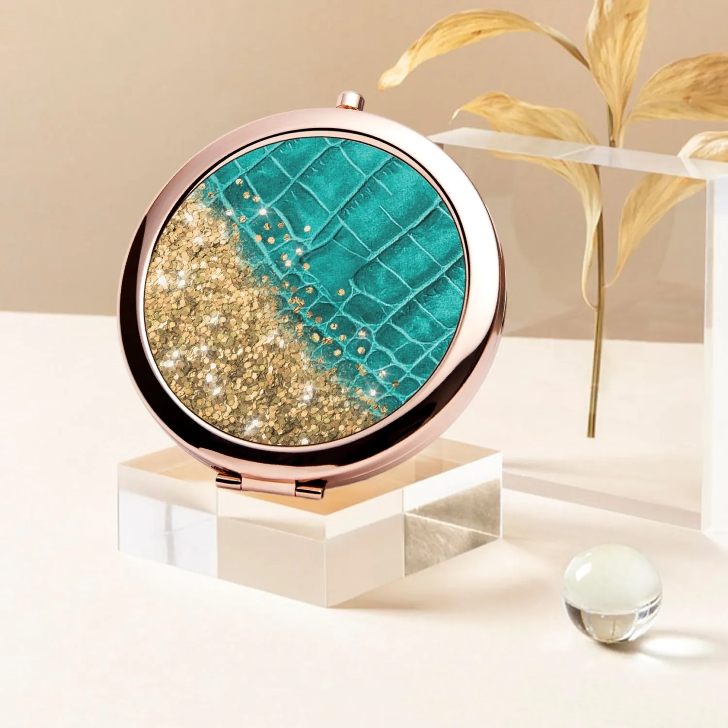 Gold Glitter & Turquoise Leather |  Compact Mirror