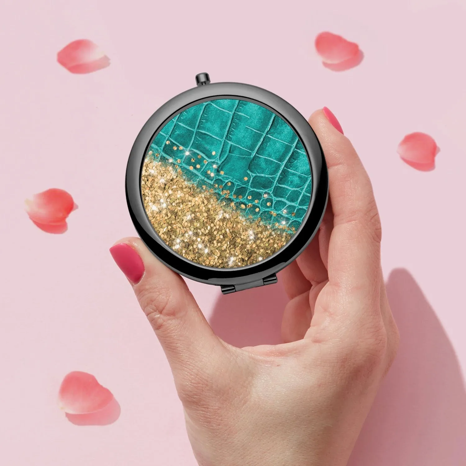 Gold Glitter & Turquoise Leather |  Compact Mirror
