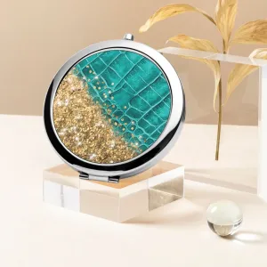 Gold Glitter & Turquoise Leather |  Compact Mirror