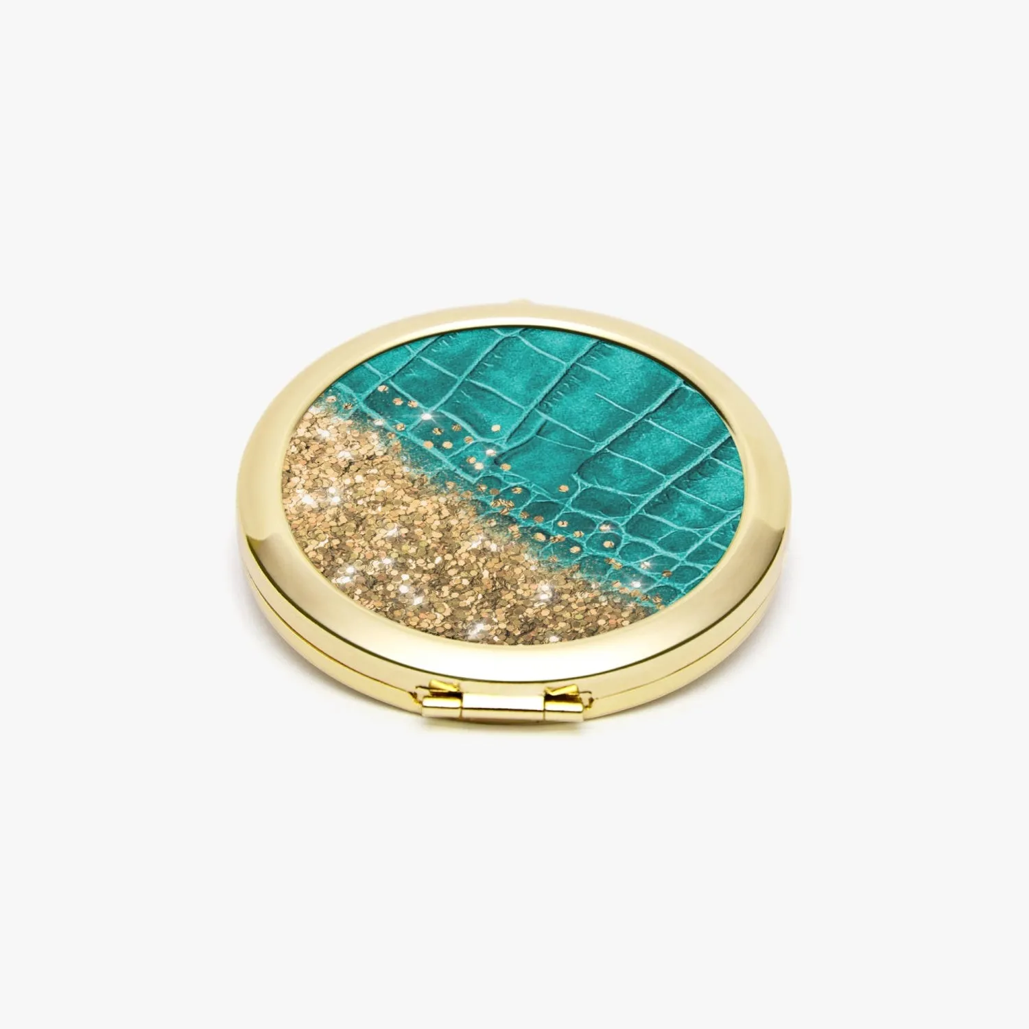 Gold Glitter & Turquoise Leather |  Compact Mirror
