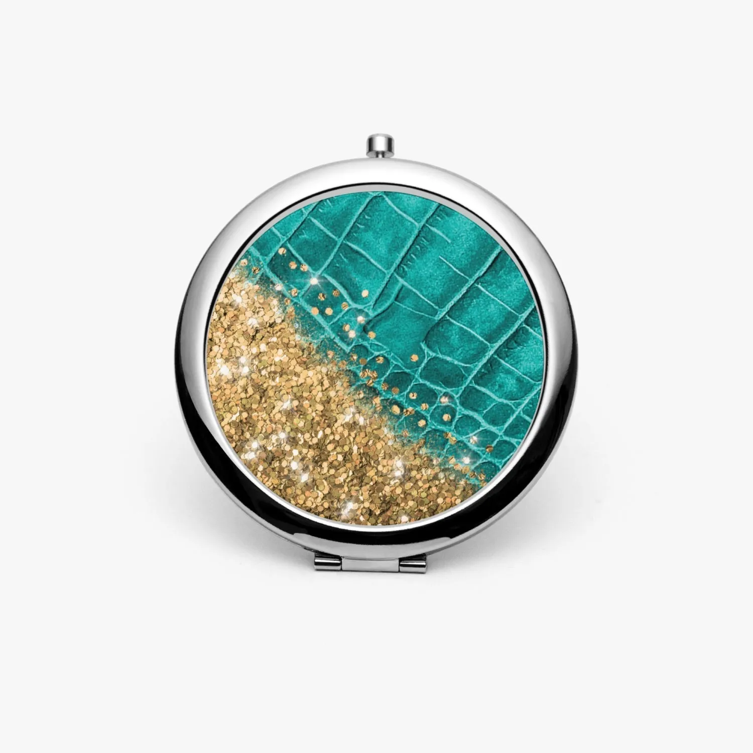 Gold Glitter & Turquoise Leather |  Compact Mirror