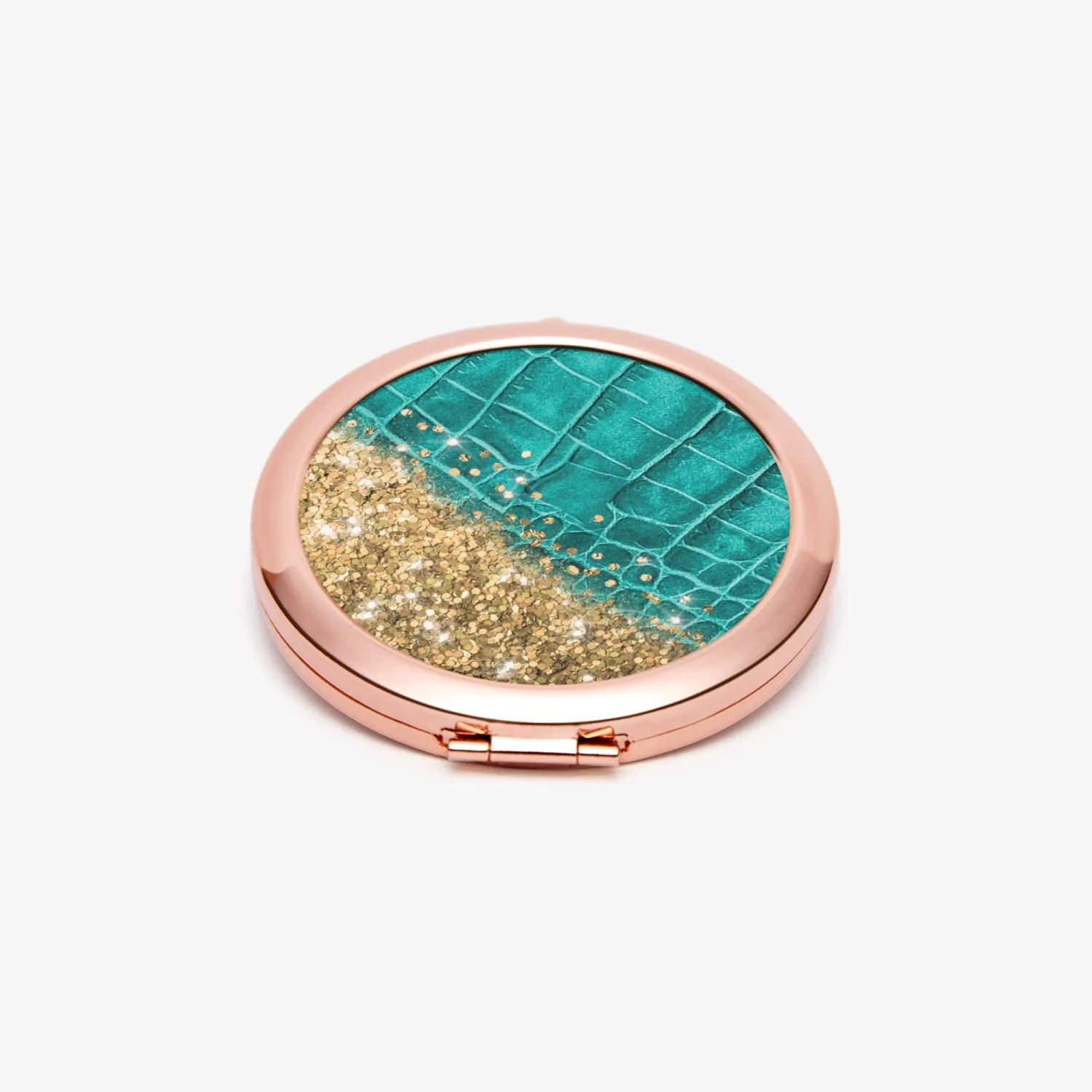 Gold Glitter & Turquoise Leather |  Compact Mirror