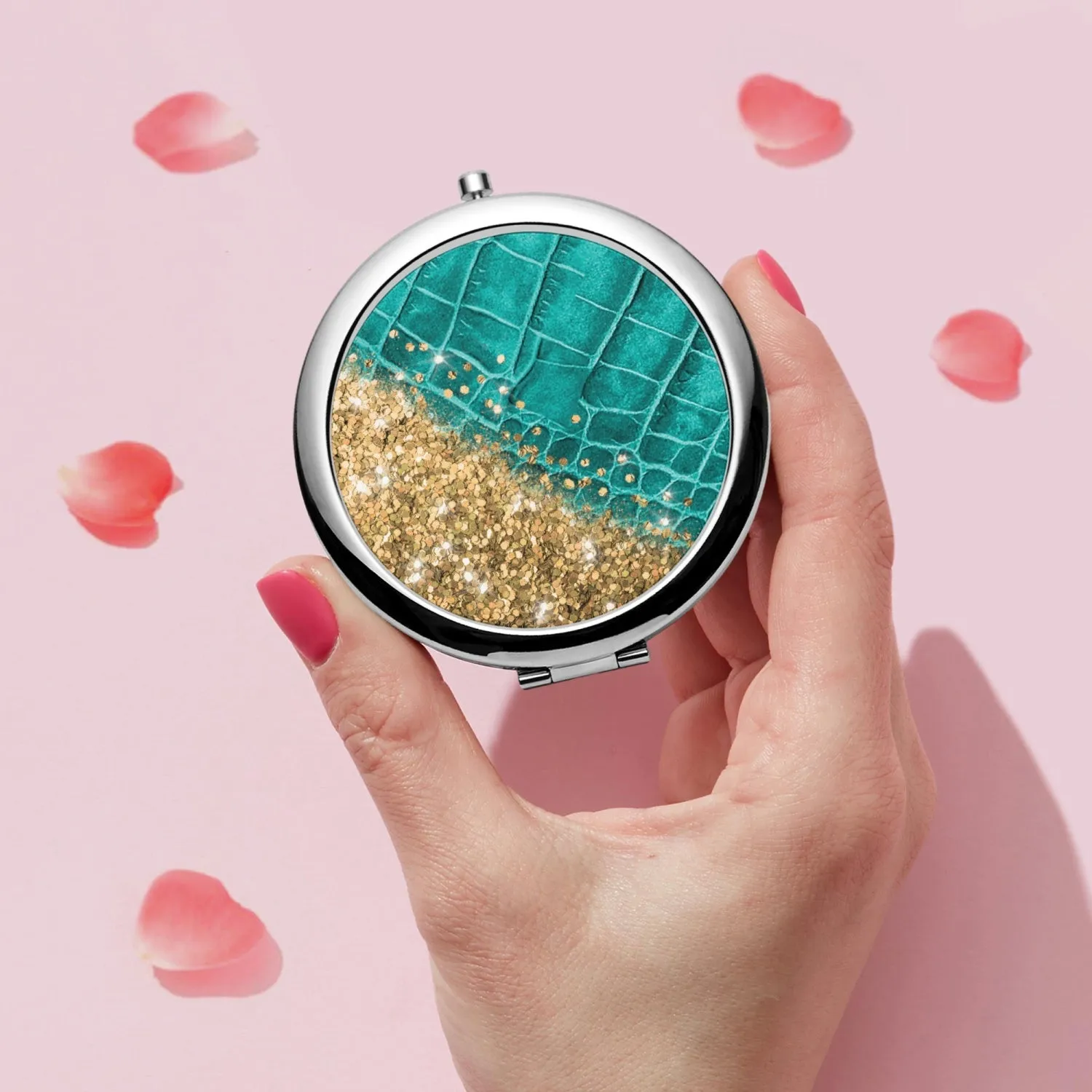 Gold Glitter & Turquoise Leather |  Compact Mirror