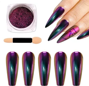 Green Purple Chrome Nail Powder Chameleon Metallic Mirror Effect Holographic Nail Glitter Loose Reflective Pigment Dust for Nails Art Design with Tool