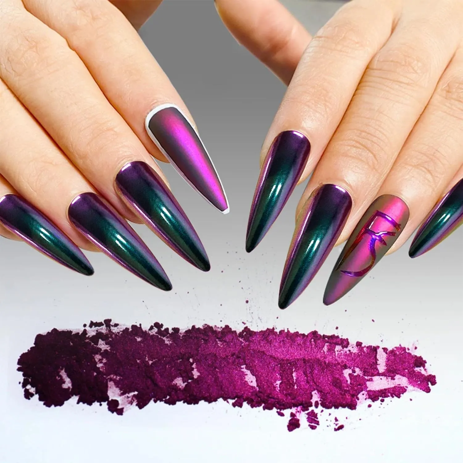 Green Purple Chrome Nail Powder Chameleon Metallic Mirror Effect Holographic Nail Glitter Loose Reflective Pigment Dust for Nails Art Design with Tool