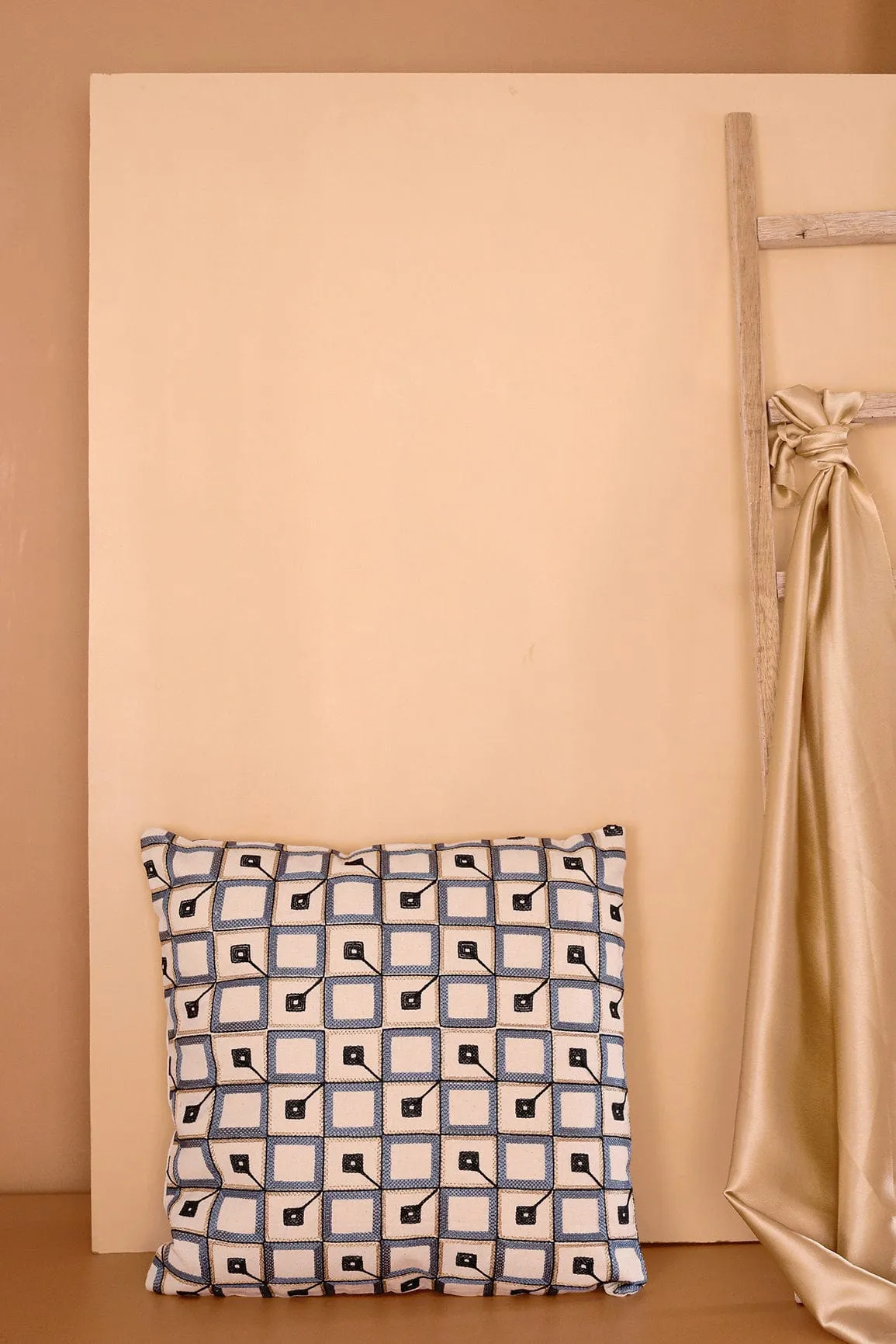 Grey and Black Pattern Embroidery on off white cotton Cushion Cover (16*16 inches)