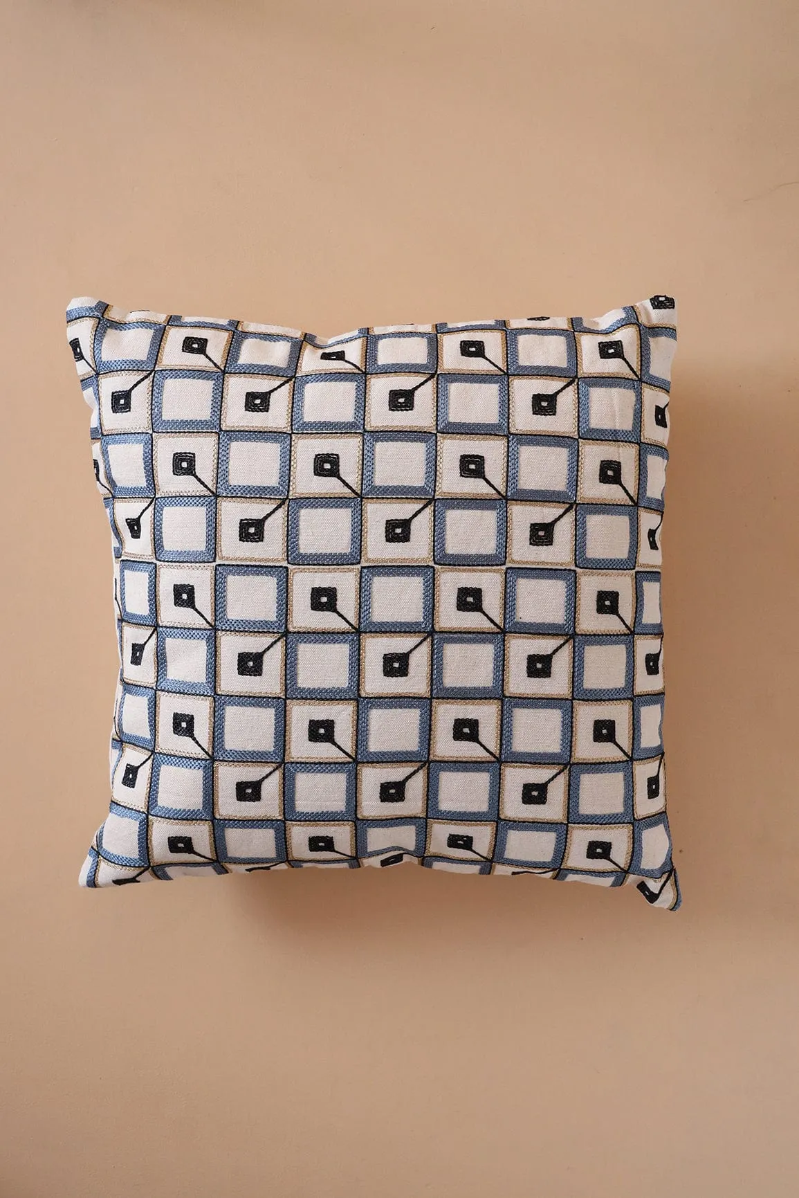 Grey and Black Pattern Embroidery on off white cotton Cushion Cover (16*16 inches)