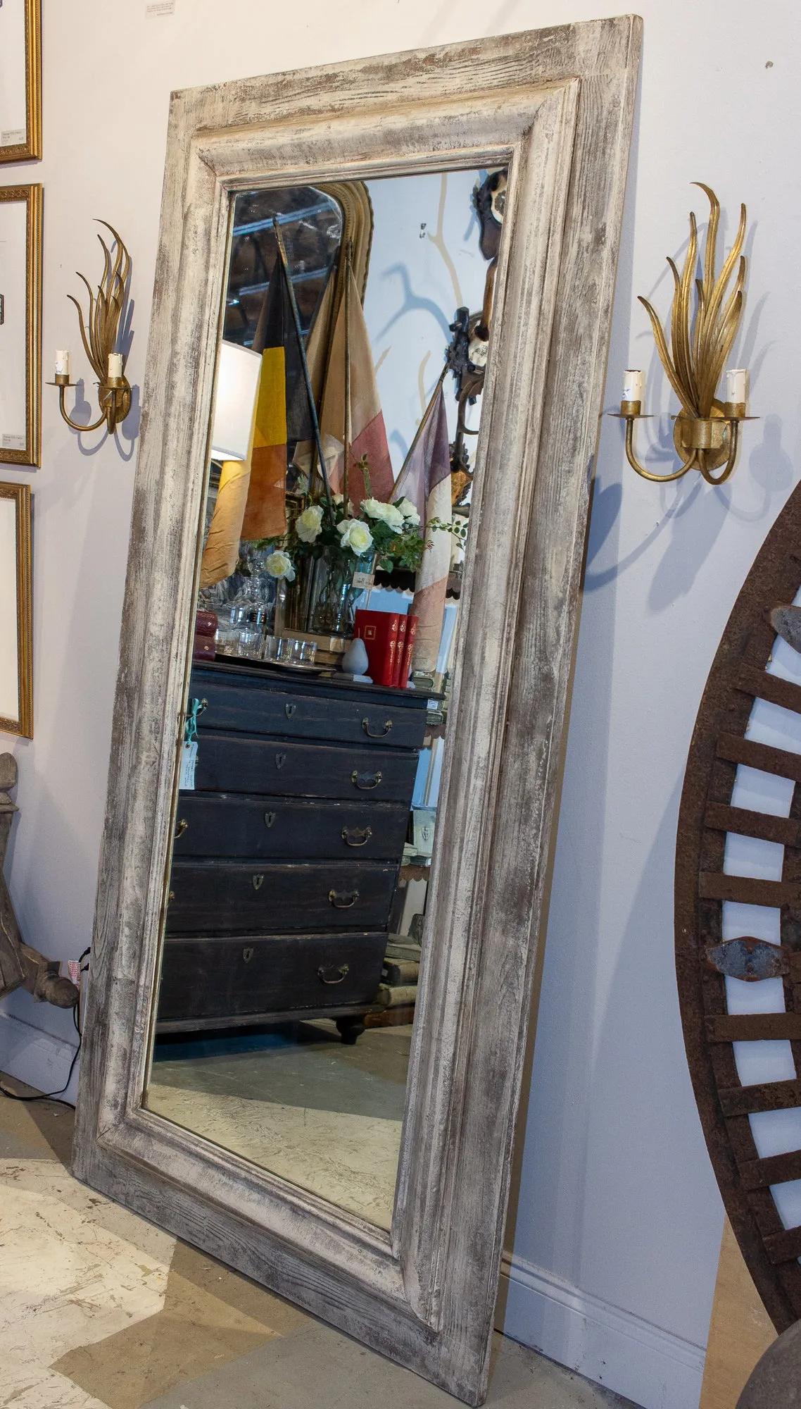 Handmade Wood Floor Mirror in Hand-painted Greige Finish