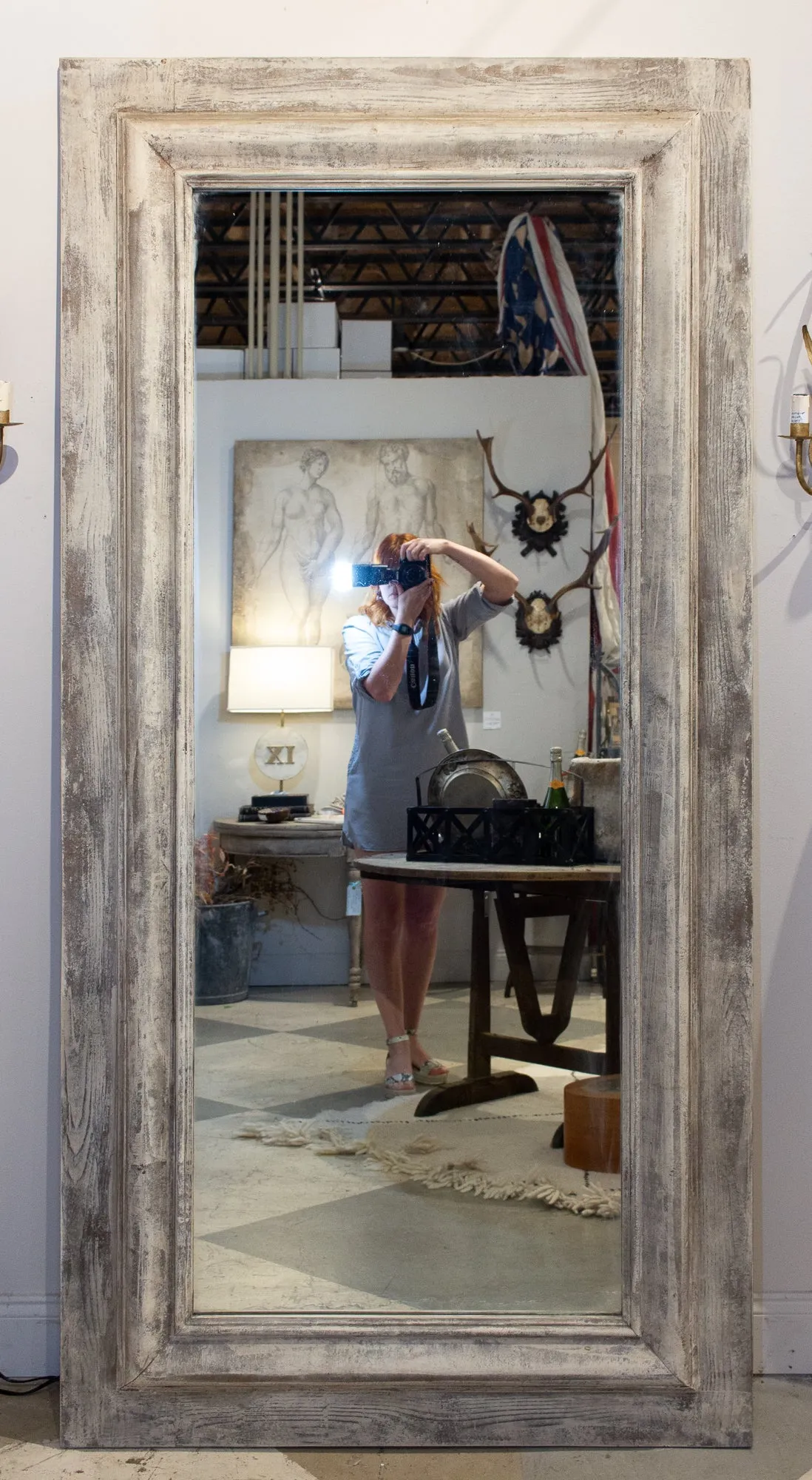 Handmade Wood Floor Mirror in Hand-painted Greige Finish