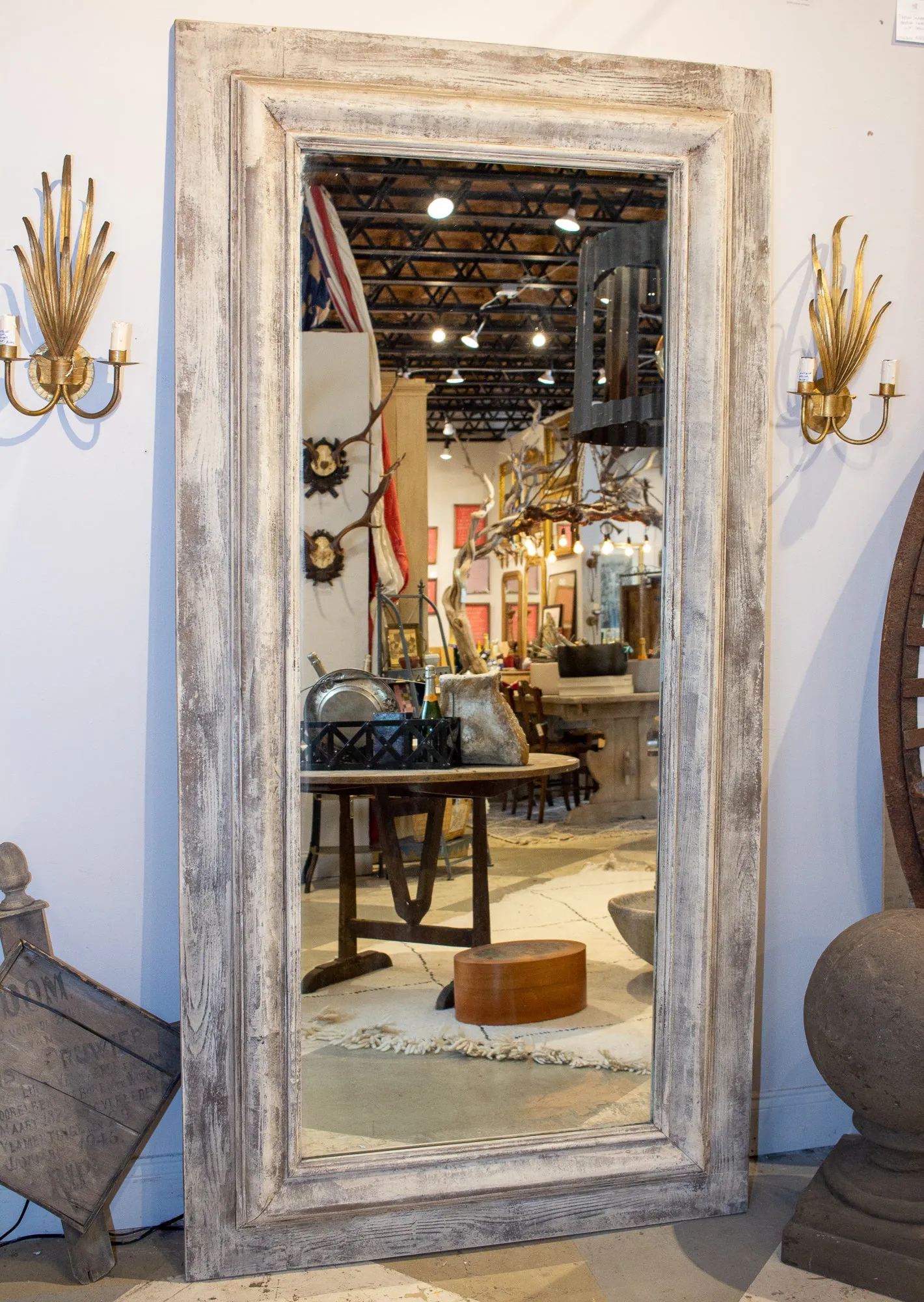 Handmade Wood Floor Mirror in Hand-painted Greige Finish