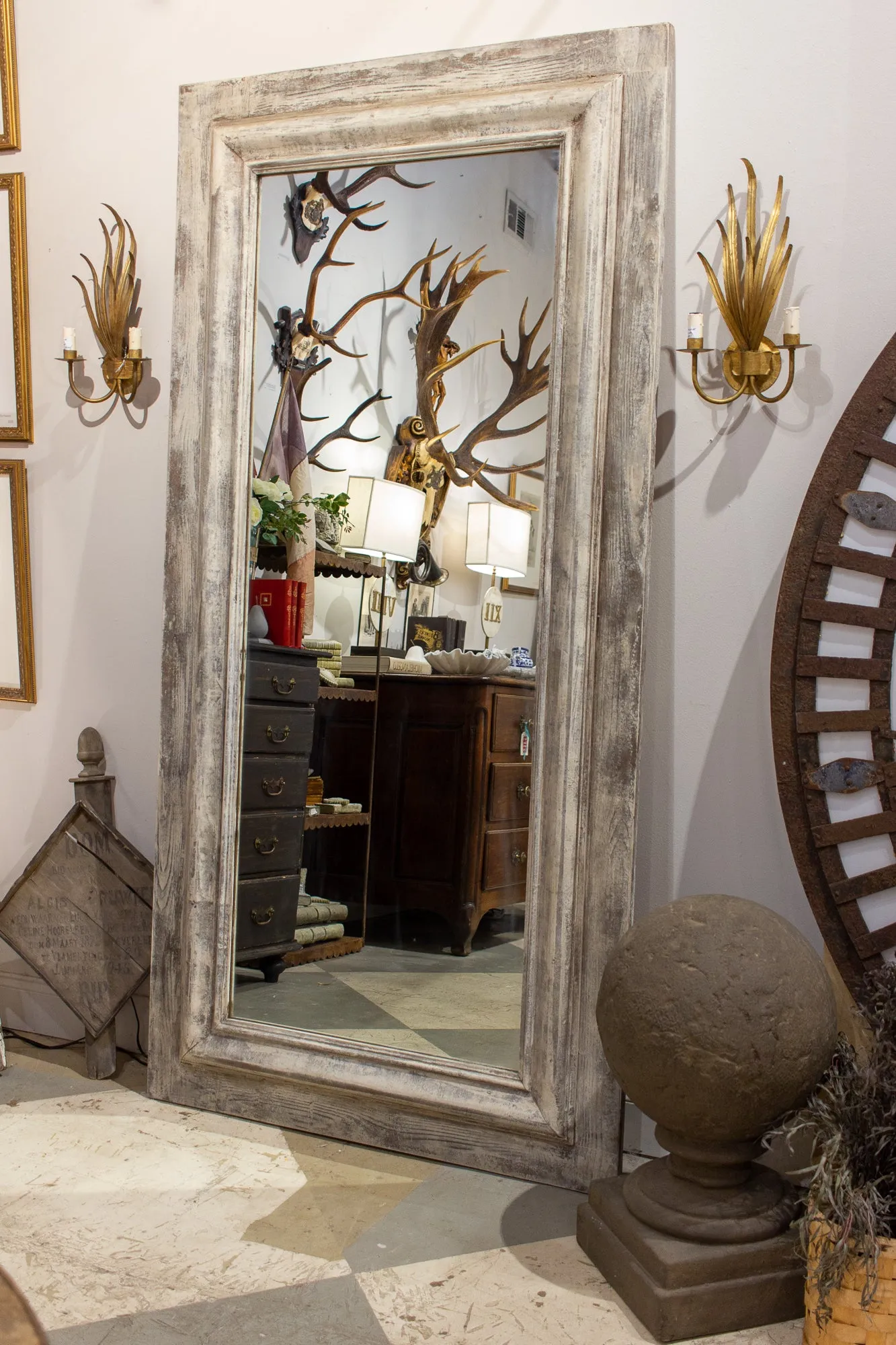 Handmade Wood Floor Mirror in Hand-painted Greige Finish