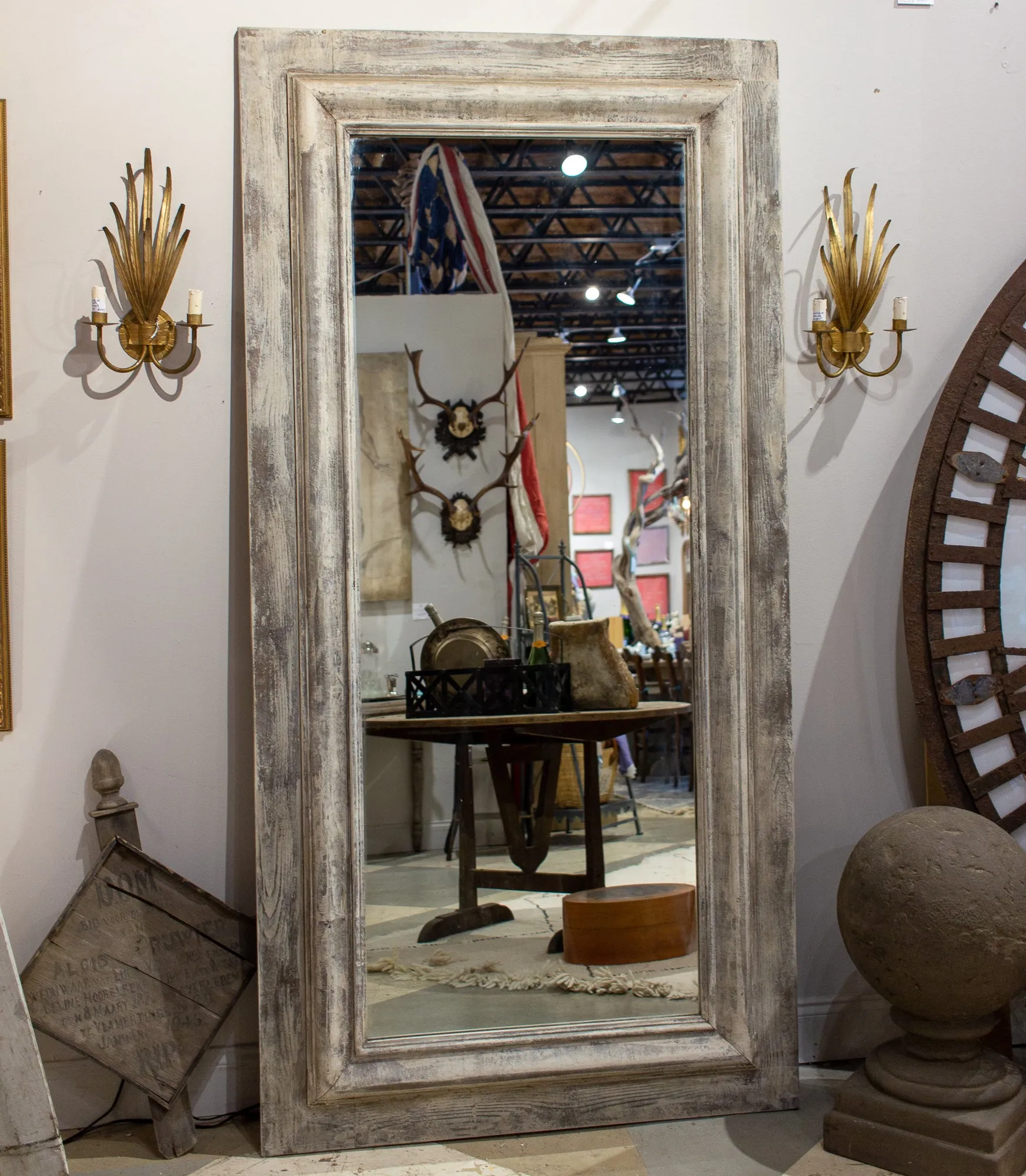 Handmade Wood Floor Mirror in Hand-painted Greige Finish