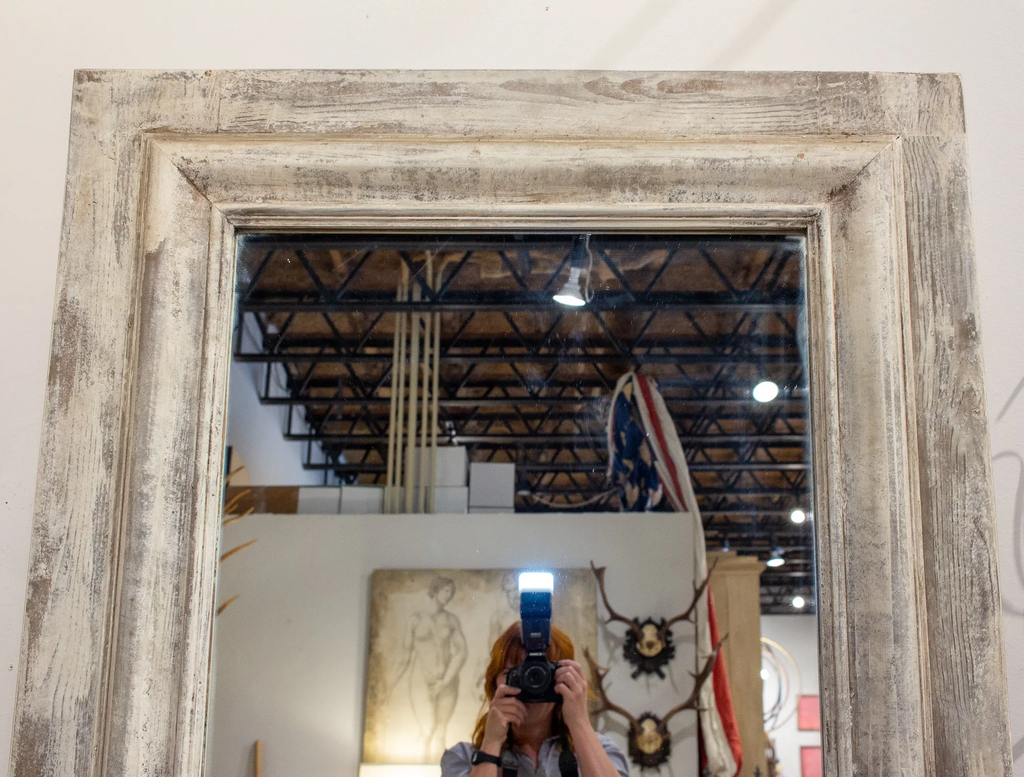Handmade Wood Floor Mirror in Hand-painted Greige Finish