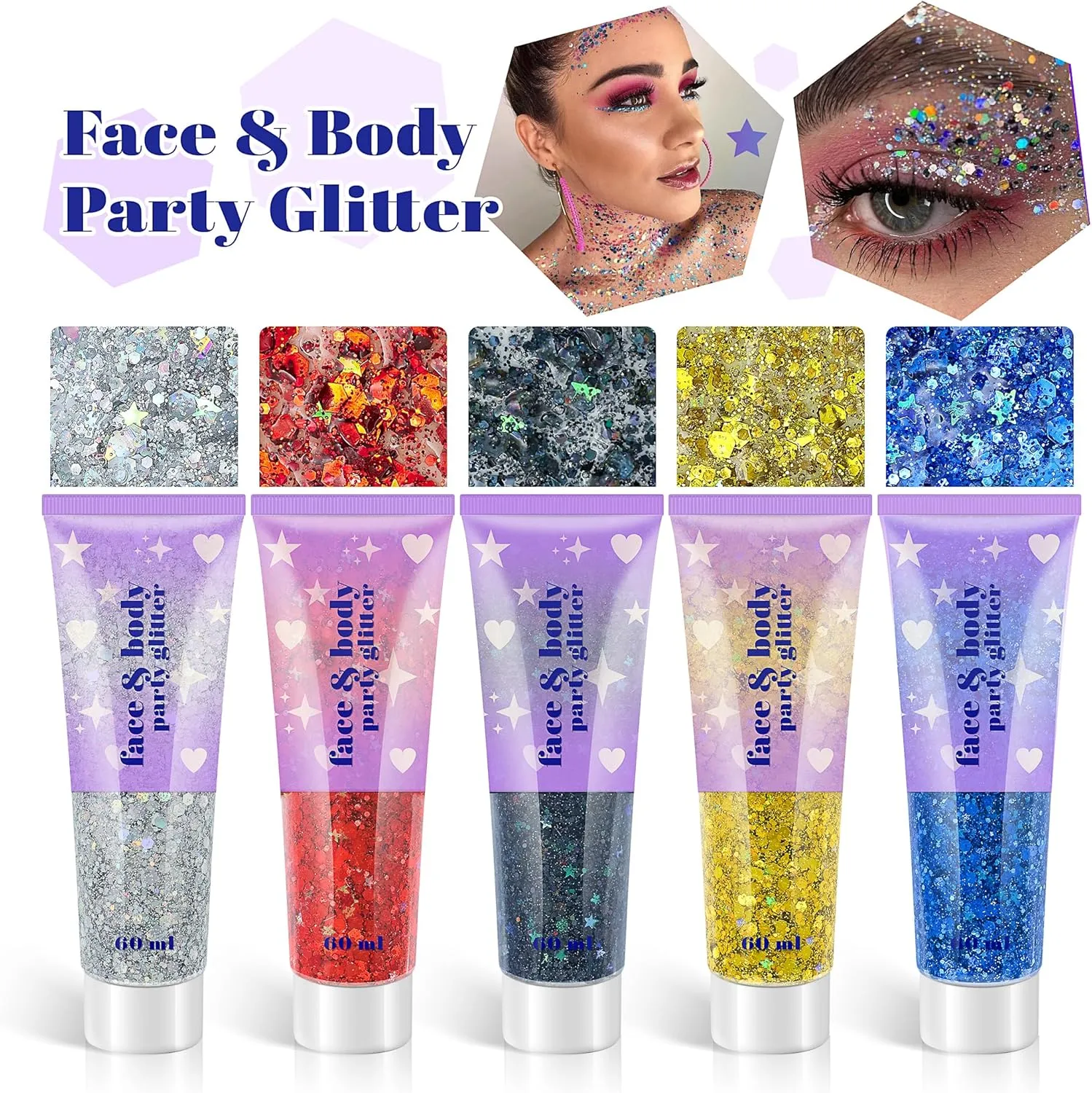 Holographic Face Glitter Gel, 120ml Body Shimmer Makeup for for Hair, Face, Arm, Nail, Eyeshadow, 2 Jars Long Lasting Waterproof Iridescent Sequins Party Glitter for Rave Festival (White & Silver)