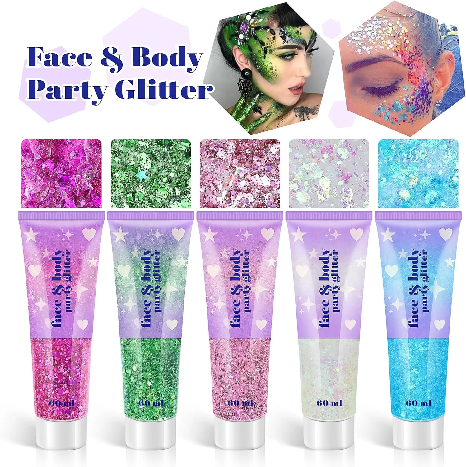 Holographic Face Glitter Gel, 120ml Body Shimmer Makeup for for Hair, Face, Arm, Nail, Eyeshadow, 2 Jars Long Lasting Waterproof Iridescent Sequins Party Glitter for Rave Festival (White & Silver)
