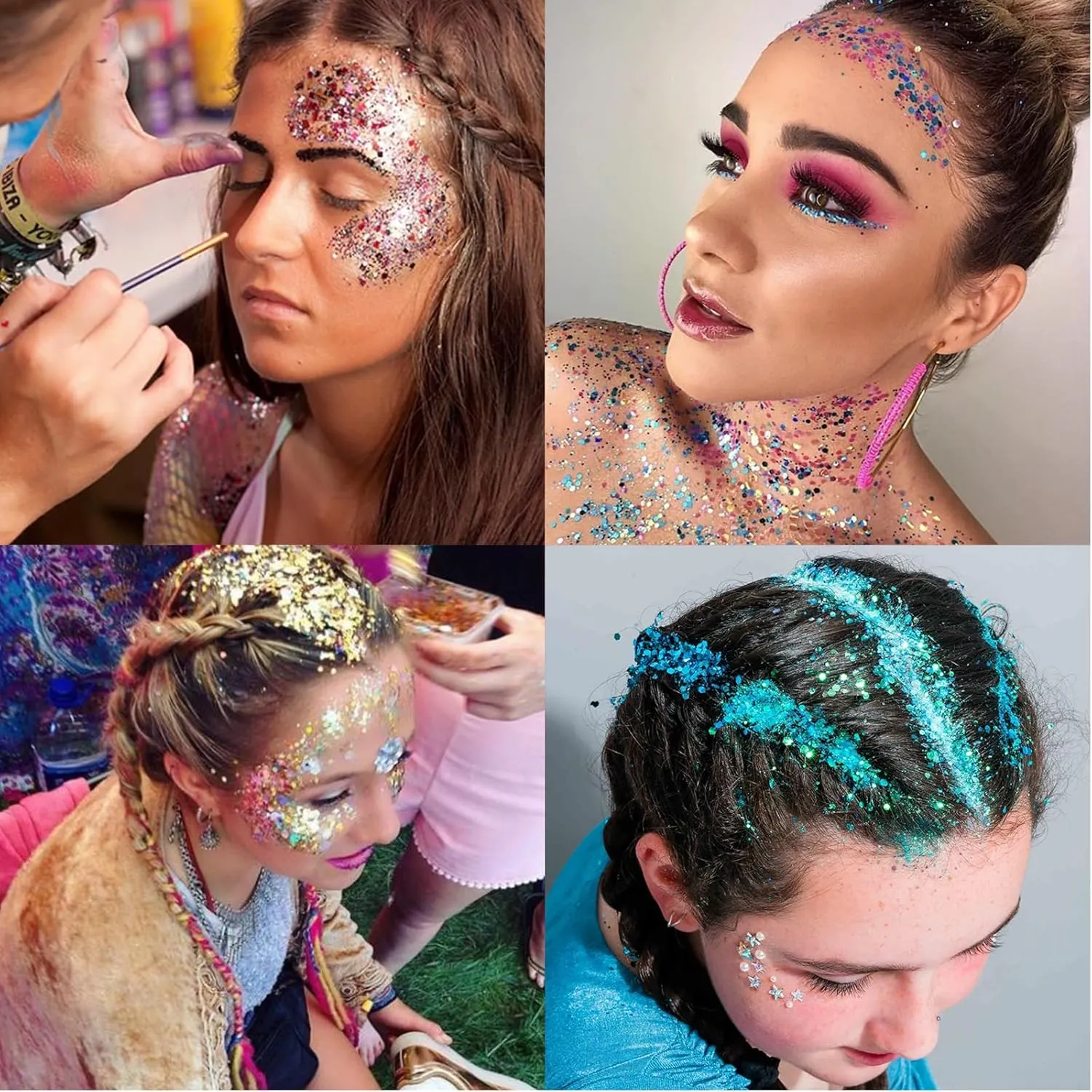 Holographic Face Glitter Gel, 120ml Body Shimmer Makeup for for Hair, Face, Arm, Nail, Eyeshadow, 2 Jars Long Lasting Waterproof Iridescent Sequins Party Glitter for Rave Festival (White & Silver)