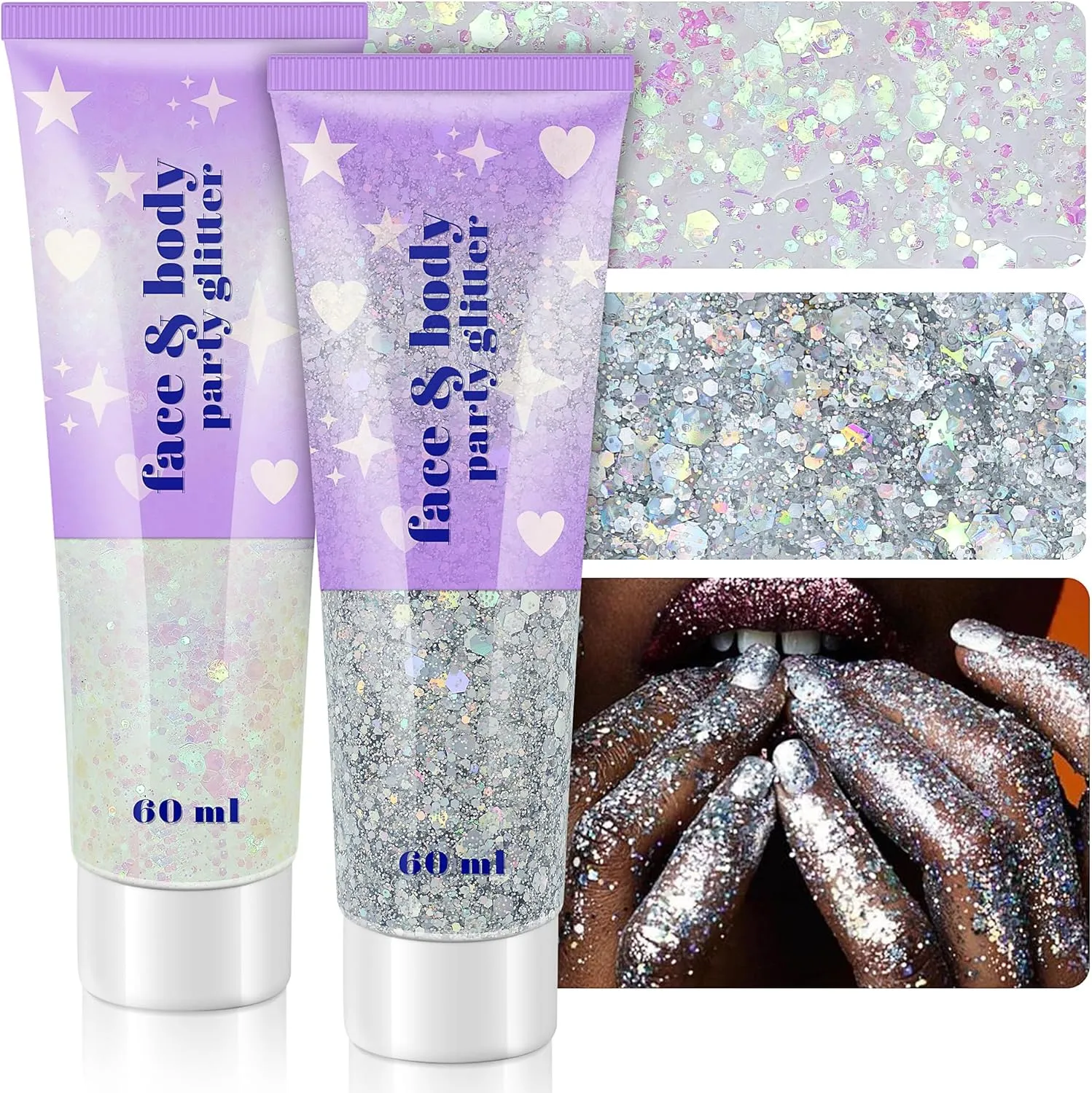 Holographic Face Glitter Gel, 120ml Body Shimmer Makeup for for Hair, Face, Arm, Nail, Eyeshadow, 2 Jars Long Lasting Waterproof Iridescent Sequins Party Glitter for Rave Festival (White & Silver)
