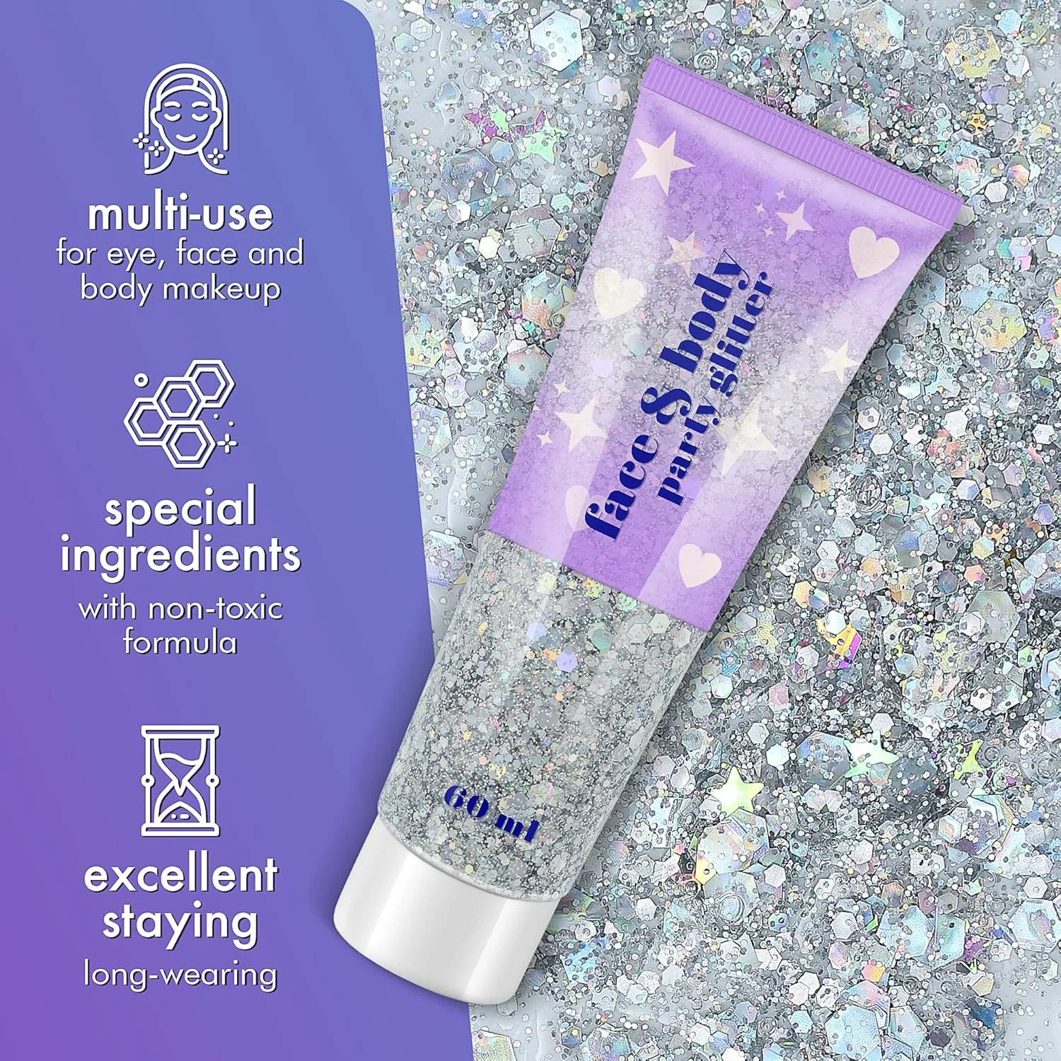 Holographic Face Glitter Gel, 120ml Body Shimmer Makeup for for Hair, Face, Arm, Nail, Eyeshadow, 2 Jars Long Lasting Waterproof Iridescent Sequins Party Glitter for Rave Festival (White & Silver)