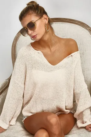 Ivory Notch Neck look knit Long Sleeve Sweater