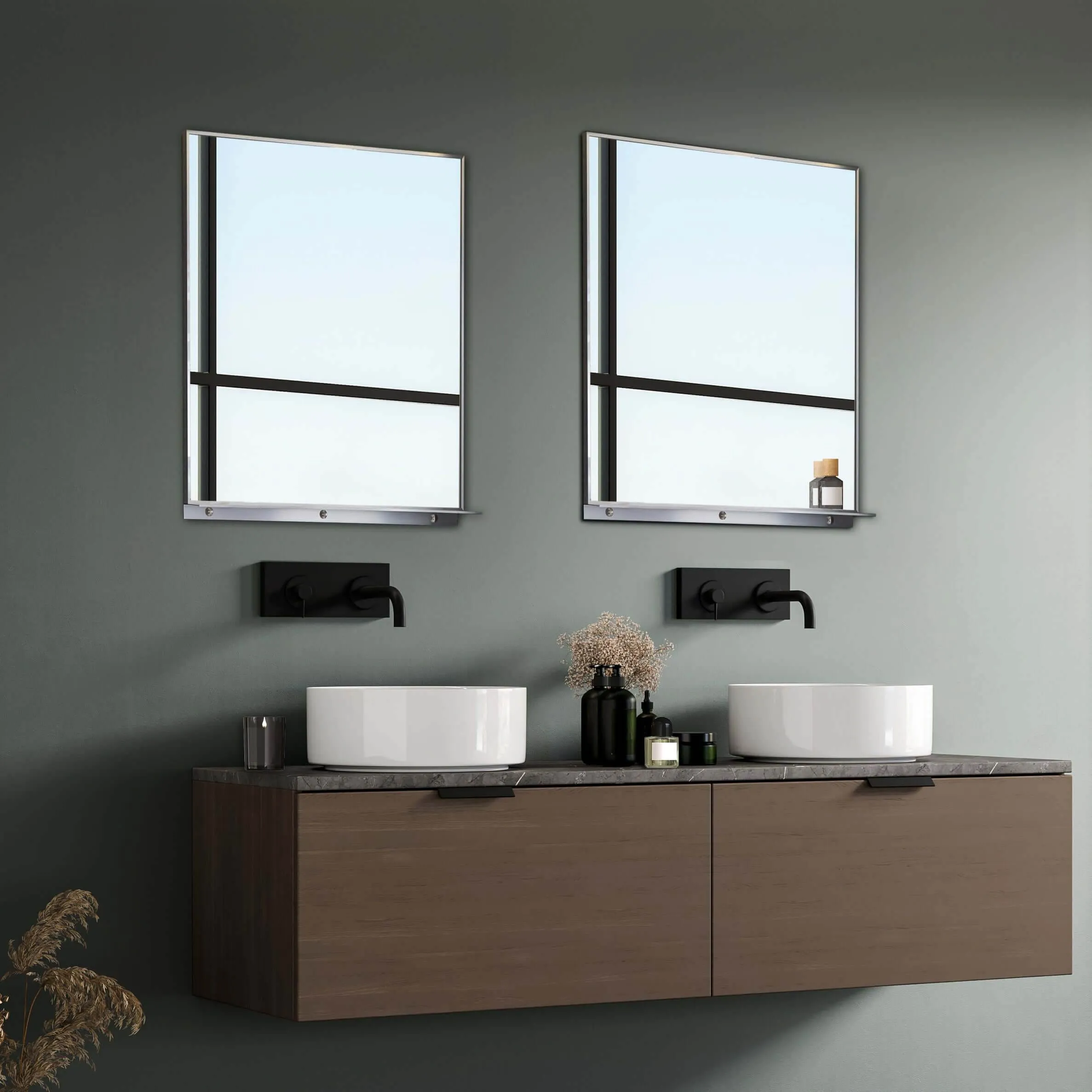 Lexi 24"W x 32"H Rectangular Framed Mirror with Integrated Shelf in Brushed Nickel