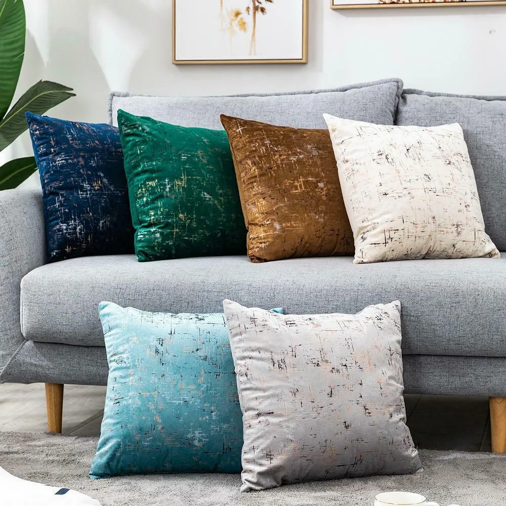Light Blue Velvet Cushion Cover with Gold Stamping