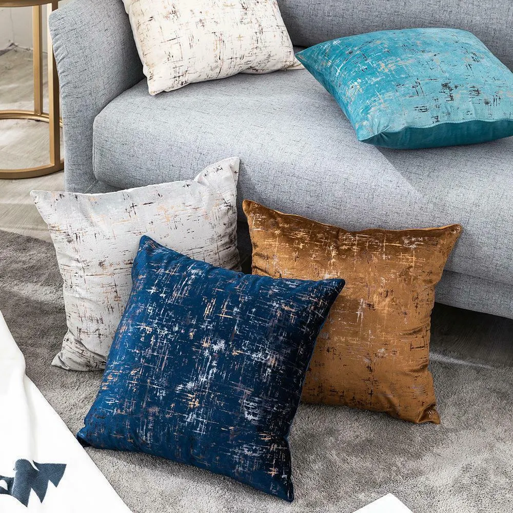 Light Blue Velvet Cushion Cover with Gold Stamping