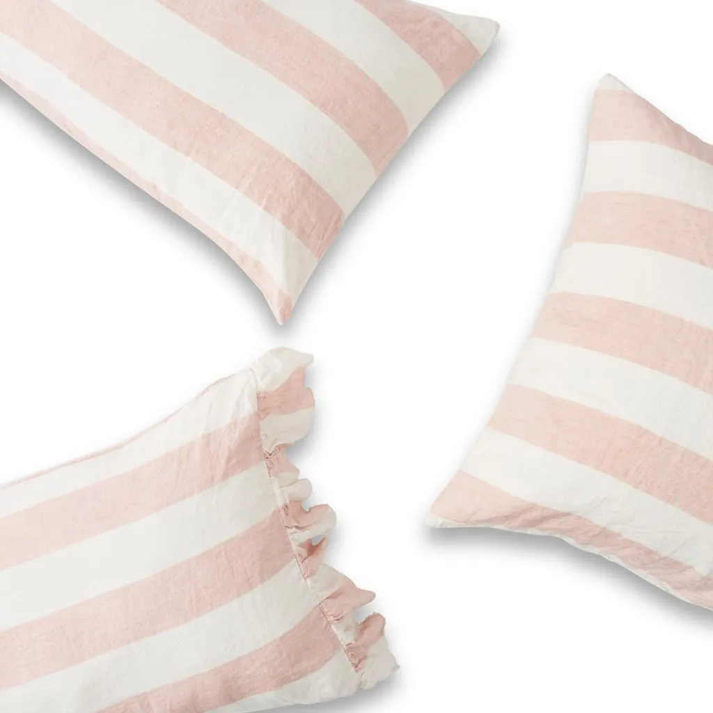 Linen Pillowcase Set Ruffle: Blush Stripe