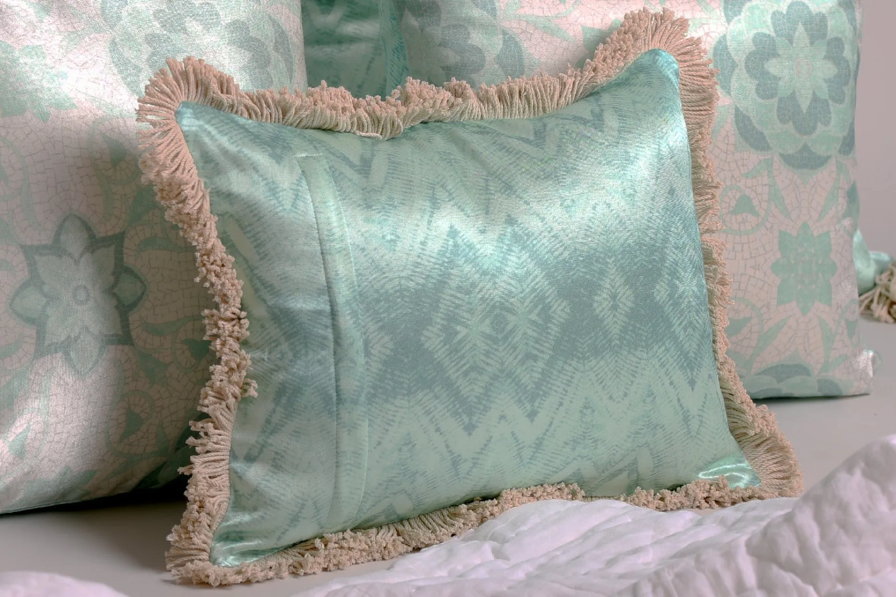 Luxury Satin Aqua and White Curated Set of 5 Reversible Cushions