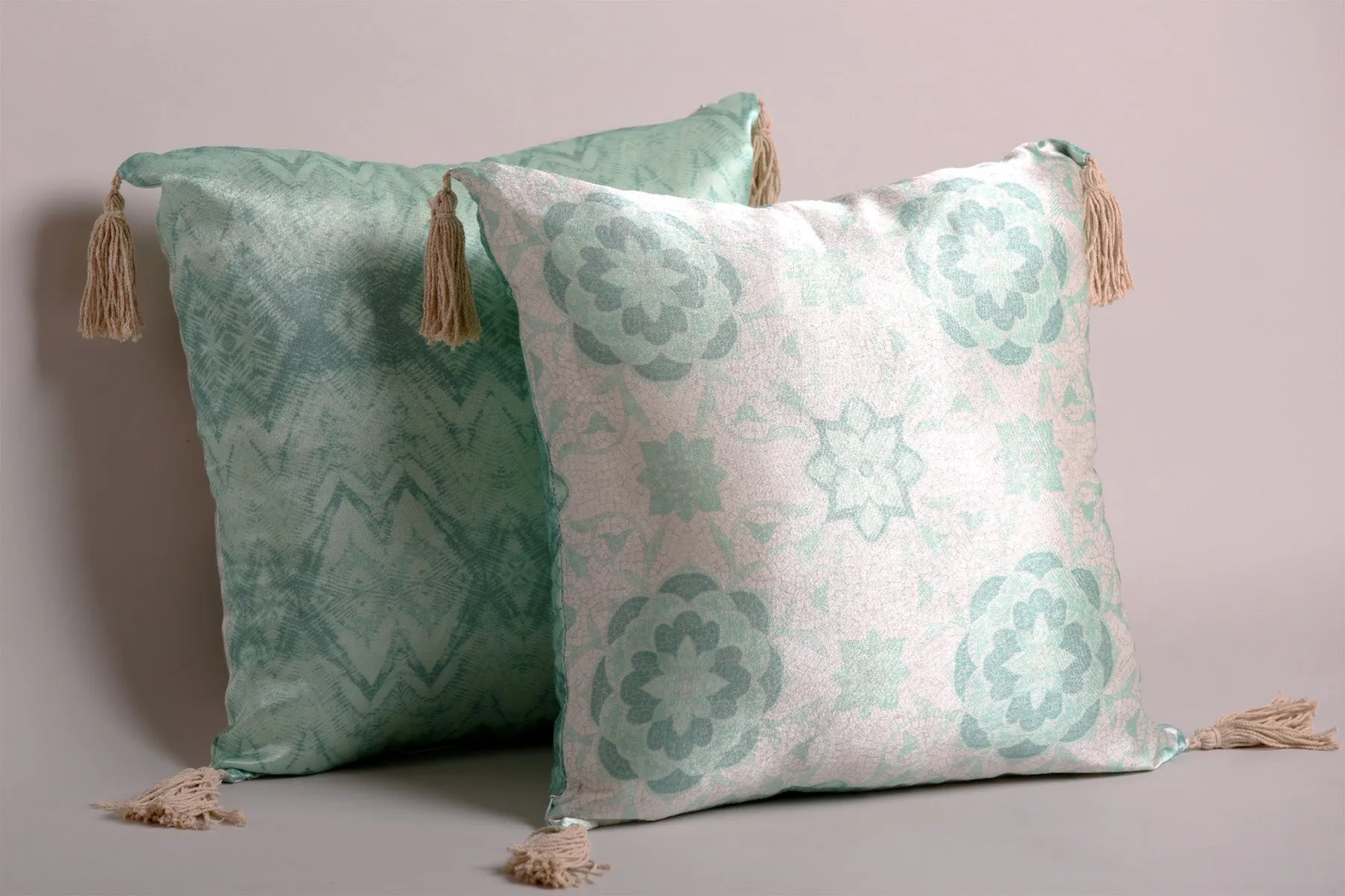 Luxury Satin Aqua and White Curated Set of 5 Reversible Cushions