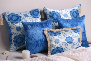 Luxury Satin Marble Blue and White Curated Set of 5 Reversible Cushions